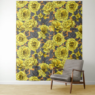 Yellow roses with grey leaves on orange tapestry