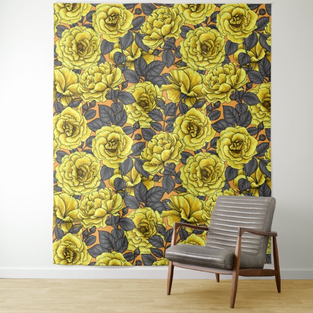 Yellow roses with grey leaves on orange tapestry (In Situ)