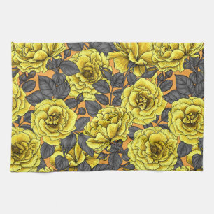 Yellow roses with grey leaves on orange tea towel