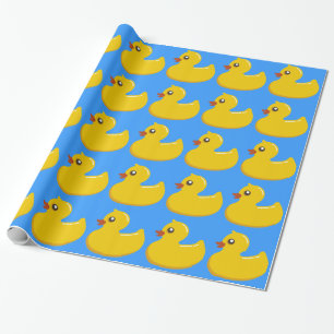 yellow rubber duck in blue wrapping paper