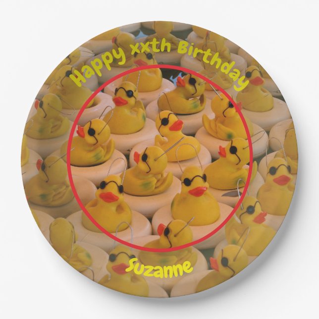 Yellow Rubber Ducks Personalised Birthday Party Paper Plate (Front)