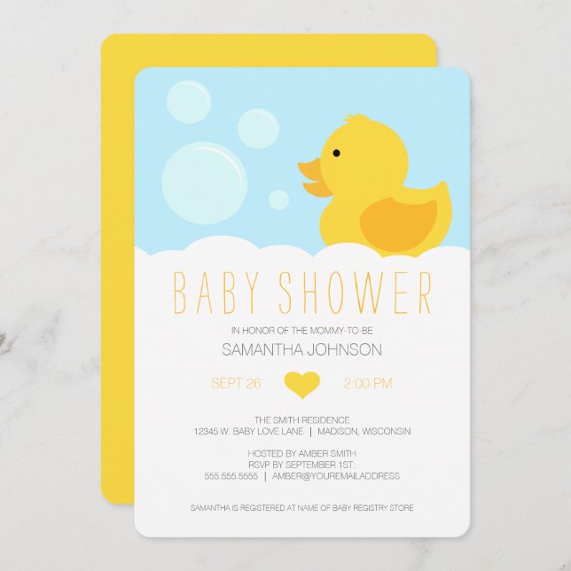 Yellow Rubber Ducky Baby Shower Invitation (Front/Back)