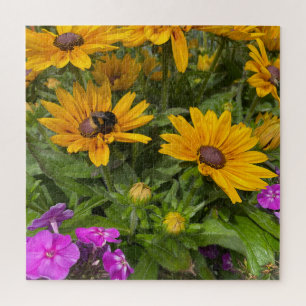 Yellow Rudbeckia Flowers Pink Phlox and Bee   Jigsaw Puzzle