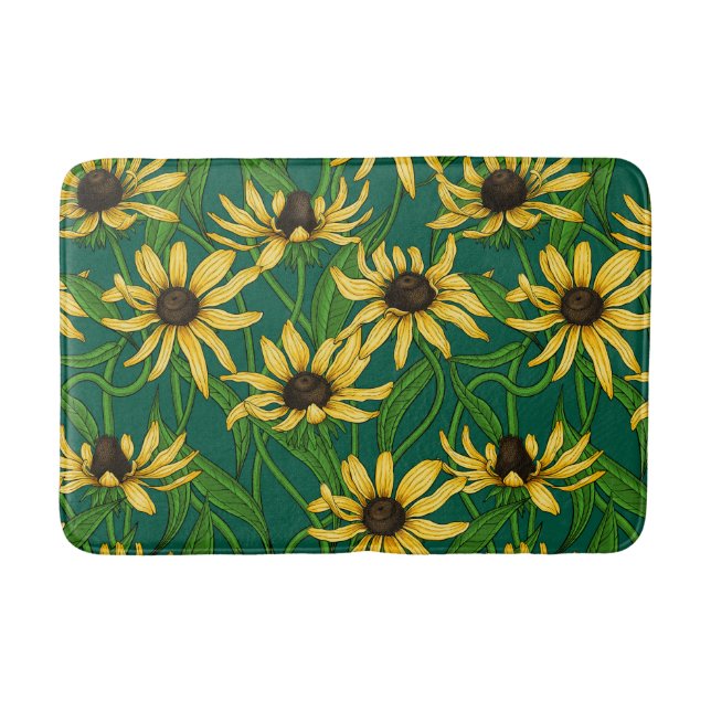 Yellow Rudbekia on dark green Bath Mat (Front)