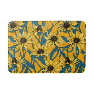 Yellow Rudbekia on dark green Bath Mat