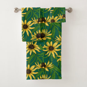Yellow Rudbekia on dark green Bath Towel Set