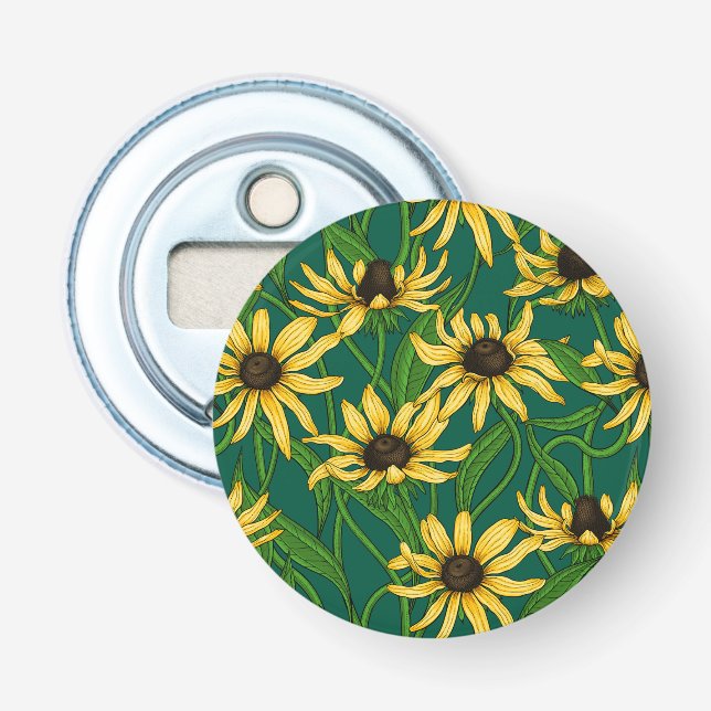 Yellow Rudbekia on dark green Bottle Opener (Front)