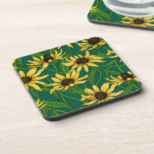 Yellow Rudbekia on dark green Coaster