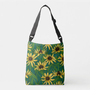 Yellow Rudbekia on dark green Crossbody Bag
