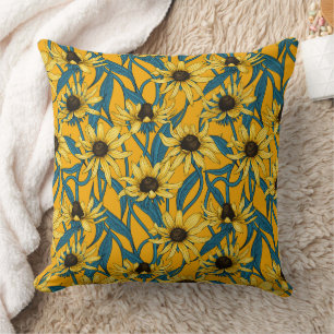 Yellow Rudbekia on dark green Cushion