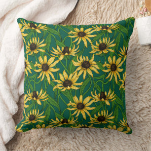 Yellow Rudbekia on dark green Cushion