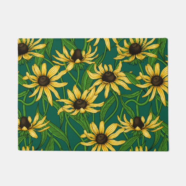 Yellow Rudbekia on dark green Doormat (Front)