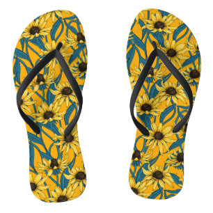 Yellow Rudbekia on dark green Flip Flops