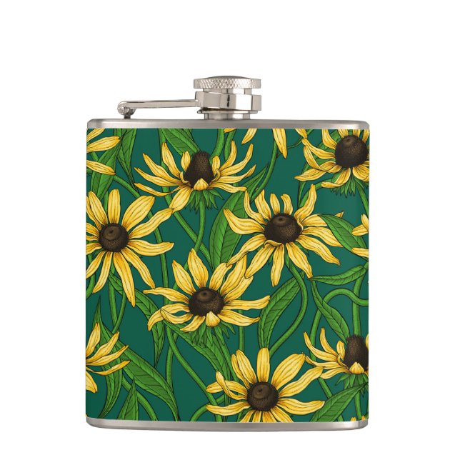 Yellow Rudbekia on dark green Hip Flask (Front)