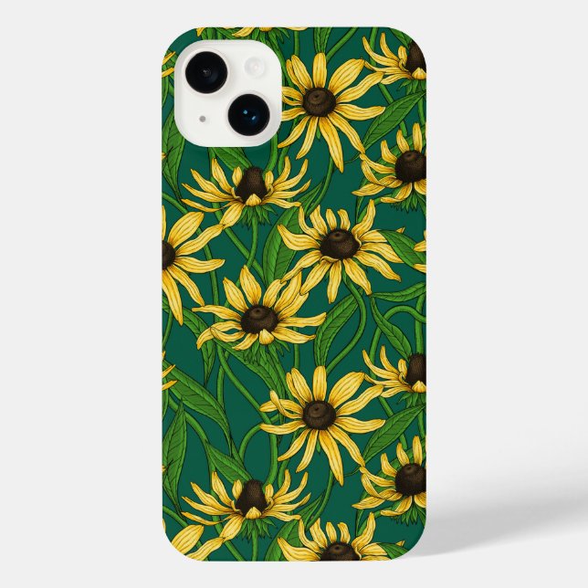 Yellow Rudbekia on dark green iPhone Case (Back)