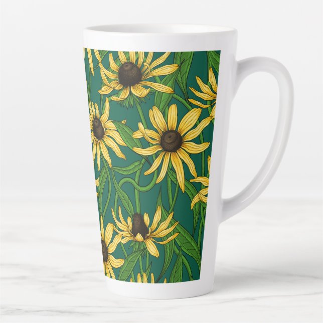 Yellow Rudbekia on dark green Latte Mug (Right)