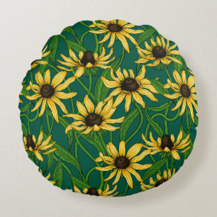 Yellow Rudbekia on dark green Round Cushion