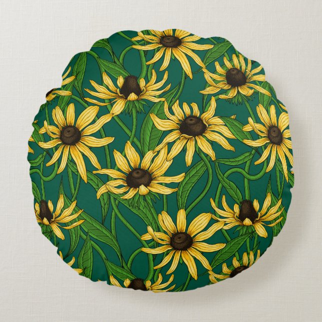 Yellow Rudbekia on dark green Round Cushion (Front)
