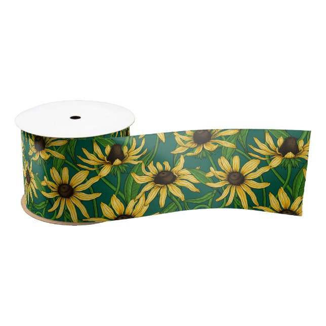 Yellow Rudbekia on dark green Satin Ribbon (Spool)
