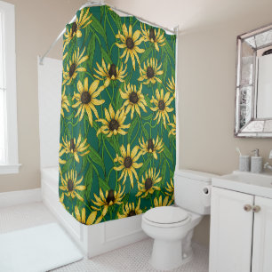 Yellow Rudbekia on dark green Shower Curtain