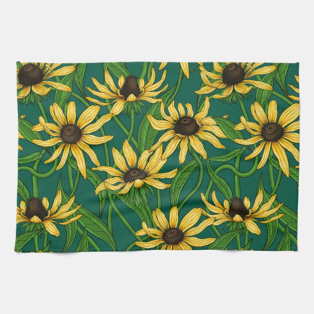Yellow Rudbekia on dark green Tea Towel (Horizontal)