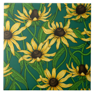 Yellow Rudbekia on dark green Tile