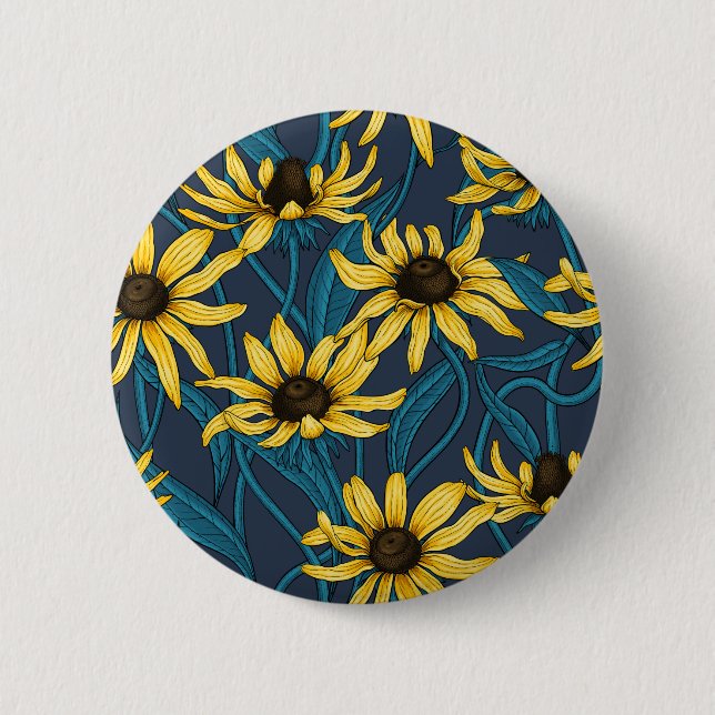 Yellow Rudbekia on navy 6 Cm Round Badge (Front)