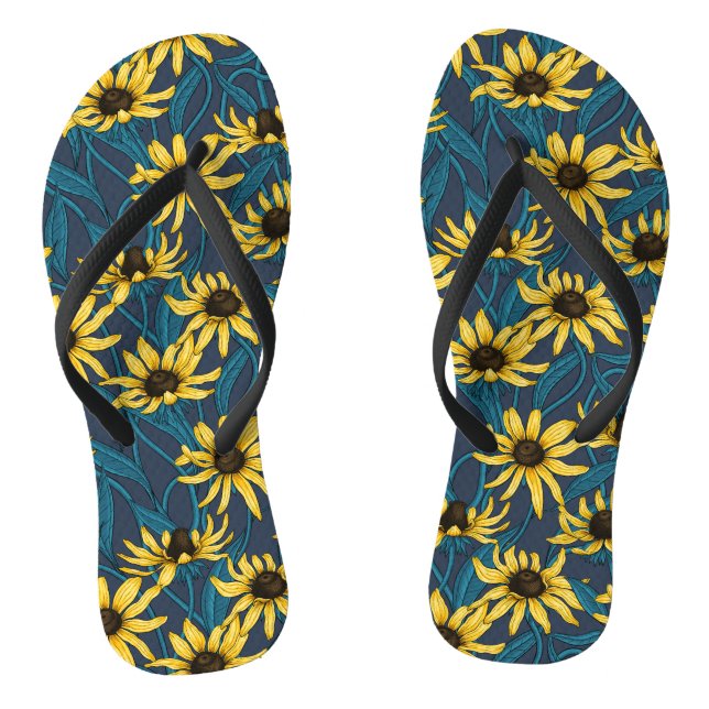 Yellow Rudbekia on navy Flip Flops (Footbed)