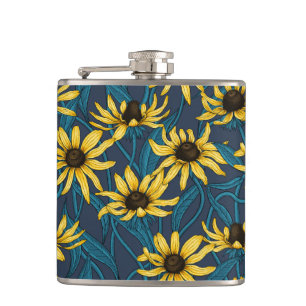 Yellow Rudbekia on navy Hip Flask