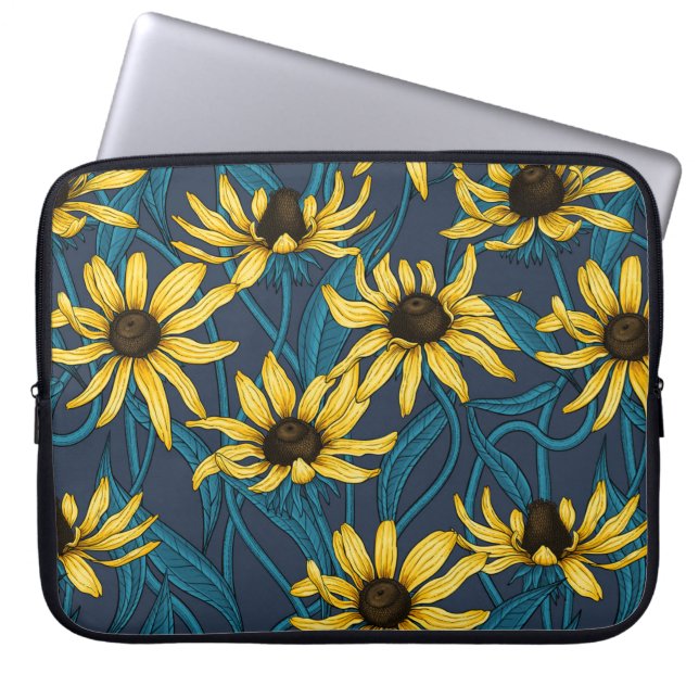 Yellow Rudbekia on navy Laptop Sleeve (Front)