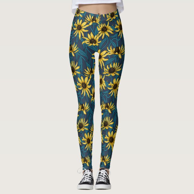 Yellow Rudbekia on navy Leggings (Front)