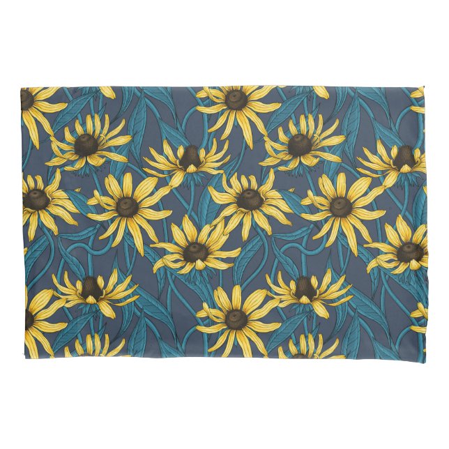 Yellow Rudbekia on navy Pillowcase (Front-Left)
