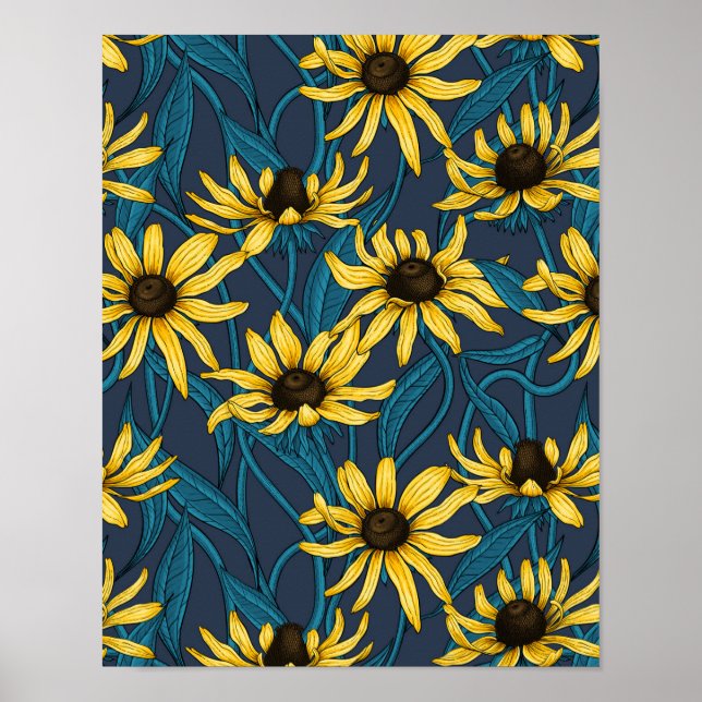 Yellow Rudbekia on navy Poster (Front)