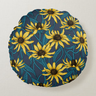 Yellow Rudbekia on navy Round Cushion