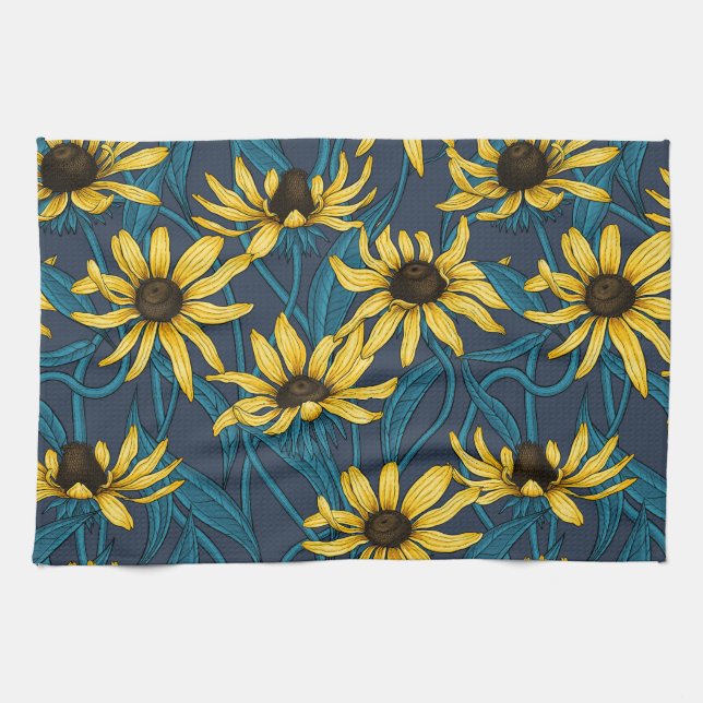 Yellow Rudbekia on navy Tea Towel (Horizontal)