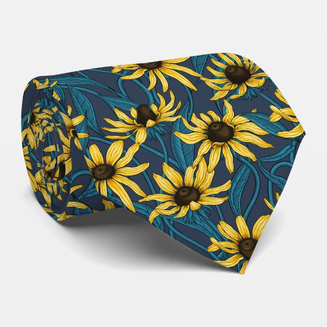 Yellow Rudbekia on navy Tie (Rolled)