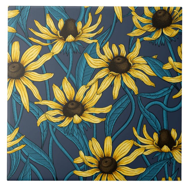 Yellow Rudbekia on navy Tile (Front)