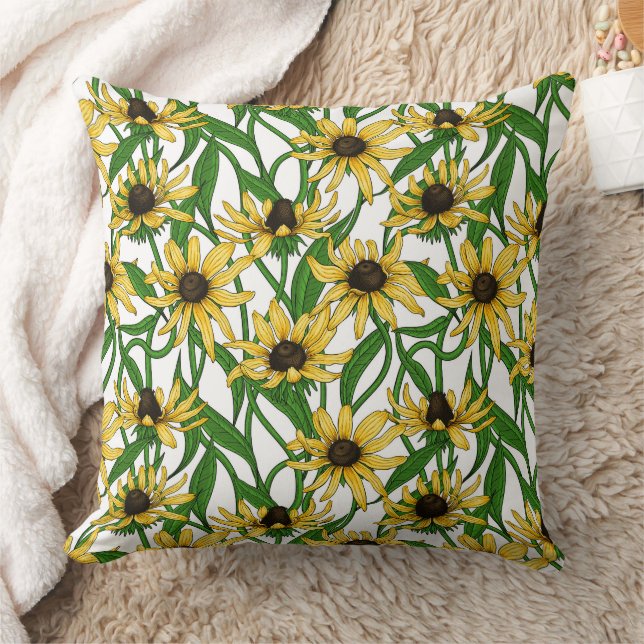 Yellow Rudbekia on white Cushion (Blanket)
