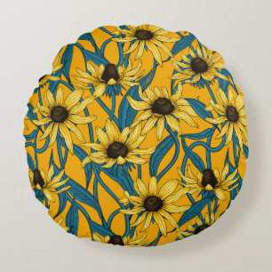 Yellow Rudbekia on yellow Round Cushion