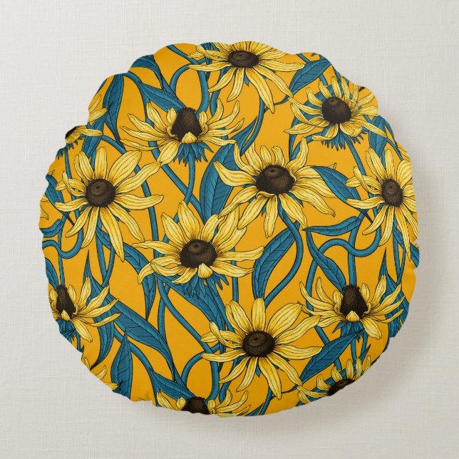 Yellow Rudbekia on yellow Round Cushion (Front)