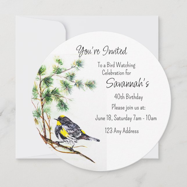 Yellow Rumped Warbler Birdwatcher Birthday Invitation (Front)