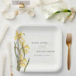 Yellow Rustic Daffodil Floral Watercolor Wedding Paper Plate