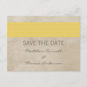 Yellow Rustic Damask Save the Date Postcard