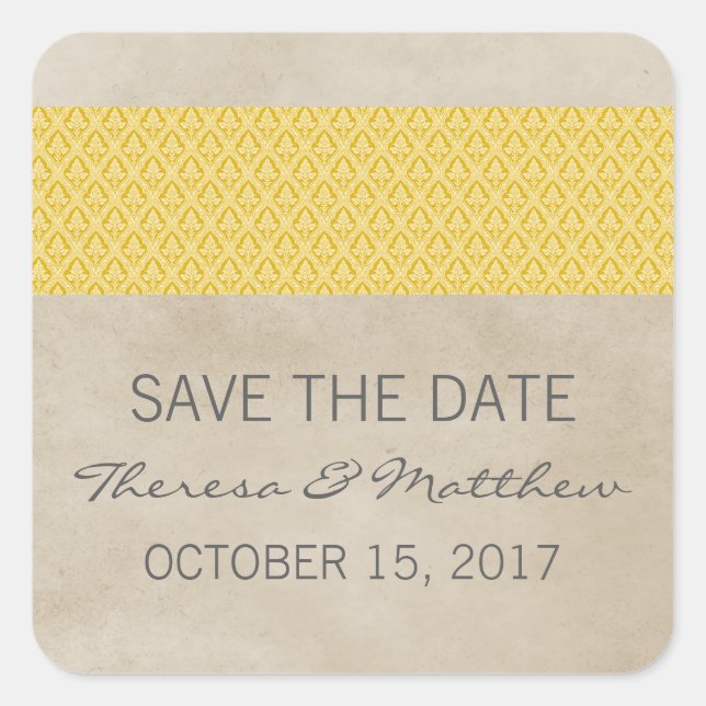 Yellow Rustic Damask Save the Date Stickers (Front)