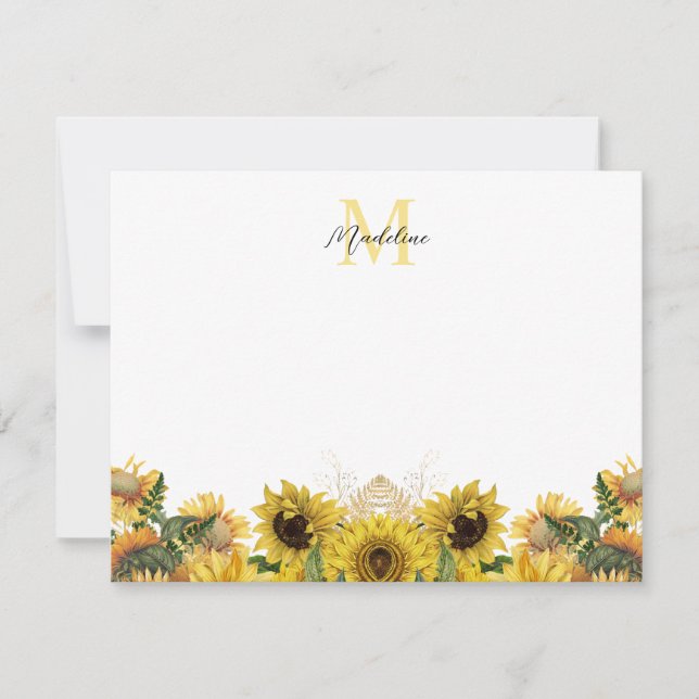 Yellow Rustic Sunflower Floral Script Monogram Card (Front)