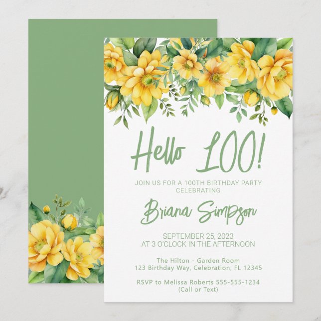 Yellow Sage Green Floral 100th Birthday Party Invitation (Front/Back)
