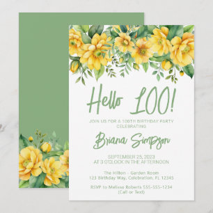 Yellow Sage Green Floral 100th Birthday Party Invitation