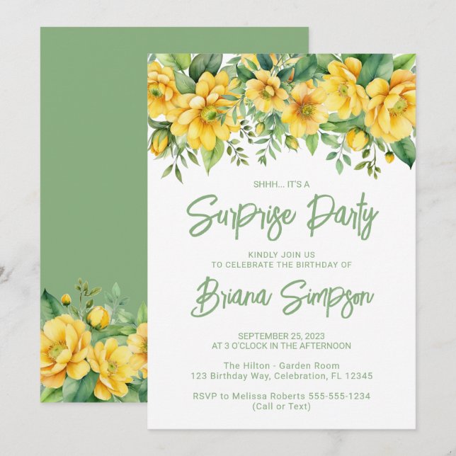 Yellow Sage Green Floral Surprise Party Invitation (Front/Back)