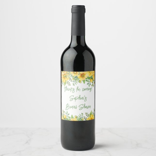 Yellow Sage Green Flowers Floral Shower Favours Wine Label (Front)