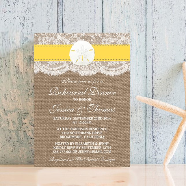 Yellow Sand Dollar Beach Wedding Rehearsal Dinner Invitation (Creator Uploaded)